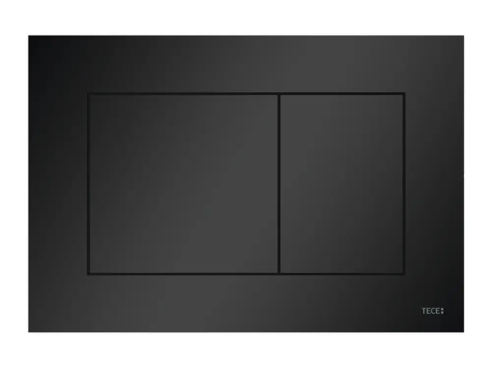 Schwarze Betätigungsplatte von TECE, mit zwei rechteckigen Tastenfeldern auf einer matten Oberfläche, zur WC-Betätigung in einem modernen Badezimmerdesign.